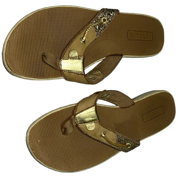 Sperry Top-Sider Gold Glitter Leather Flip Flops Boat Sandals Size 12 Tan - Picture 2 of 10